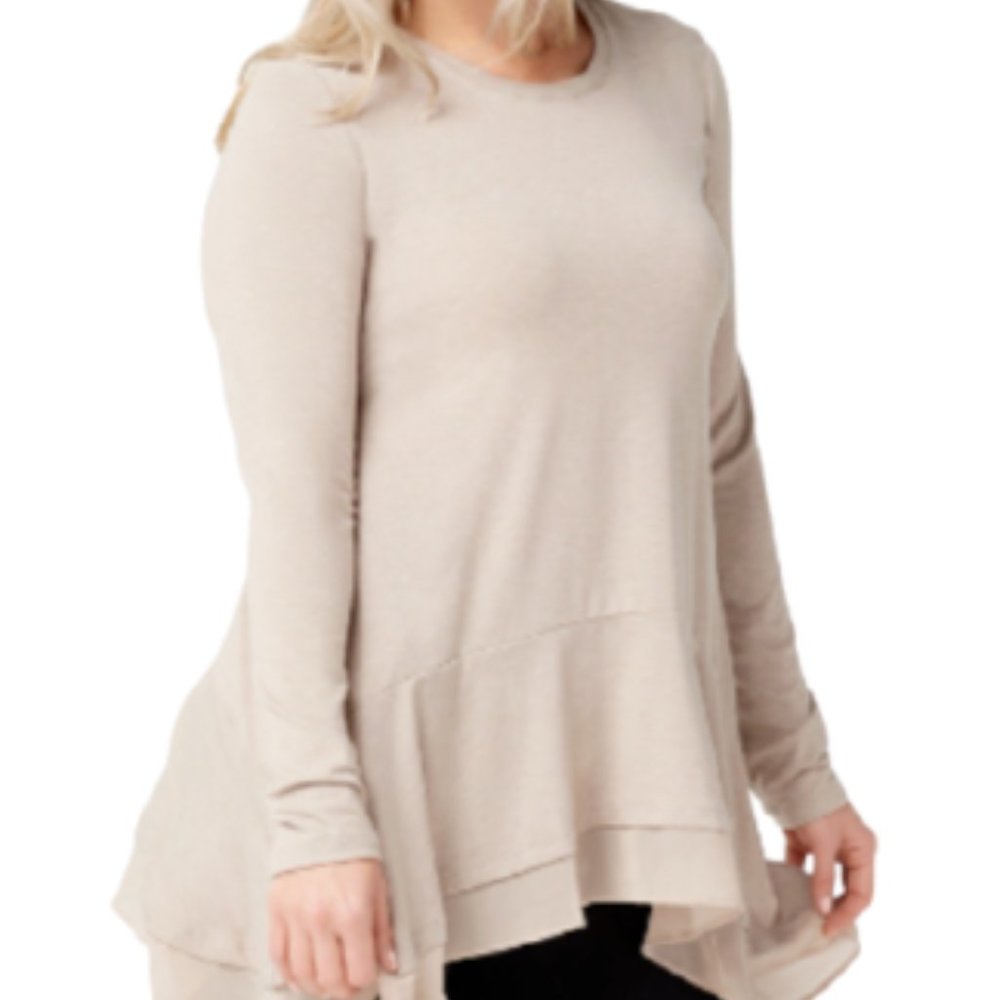 LOGO Lounge by Lori Goldstein X-Small Jersey Knit Top Chiffon Hem Tan Jute M
